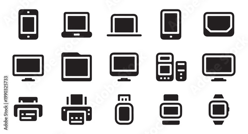 Various black and white technology icons including phones computers and printers.