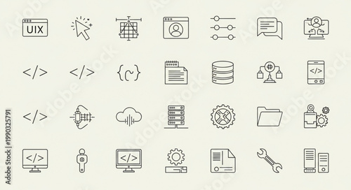 Collection of technology and programming icons for web development and software engineering.