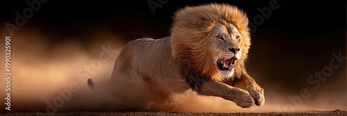 Lion Running in Dusty Field