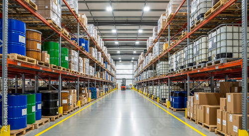 A long aisle in a modern industrial warehouse featuring neatly organized shelves stocked with various colorful barrels and cardboard boxes, leading to a forklift in the distance.