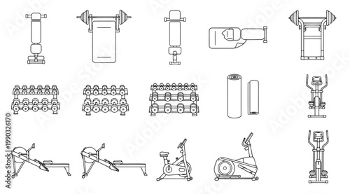 Gym equipment and fitness machines set, workout gear for home or commercial gym