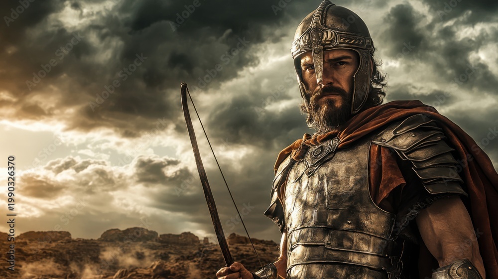 Obraz premium King david in ancient israelite battle armor ancient israel portrait historical context dramatic perspective heroism