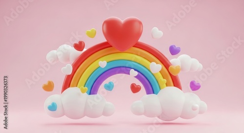 Whimsical 3d rainbow with hearts and clouds on a pastel pink background