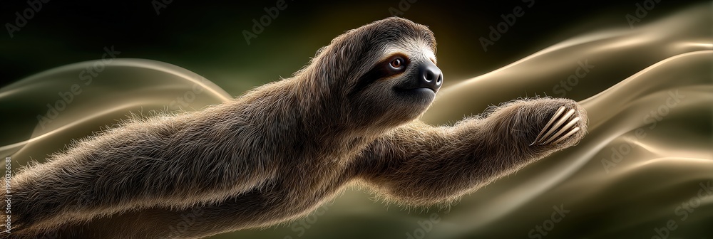 Fototapeta premium Sloth with Leafy Branch in Motion Blur