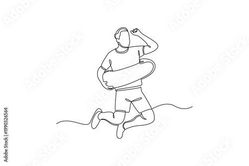 Man Running With Inflatable Summer Tube. Summer Concept. Single line draw design .Vector Icon graphic illustration