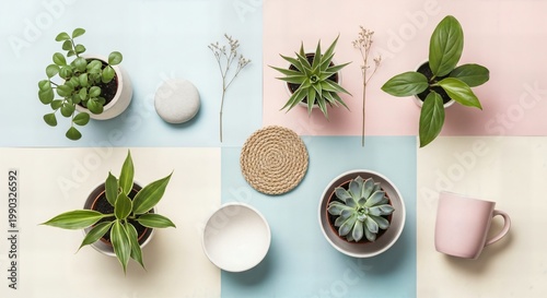 overhead view of various potted plants on pastel background