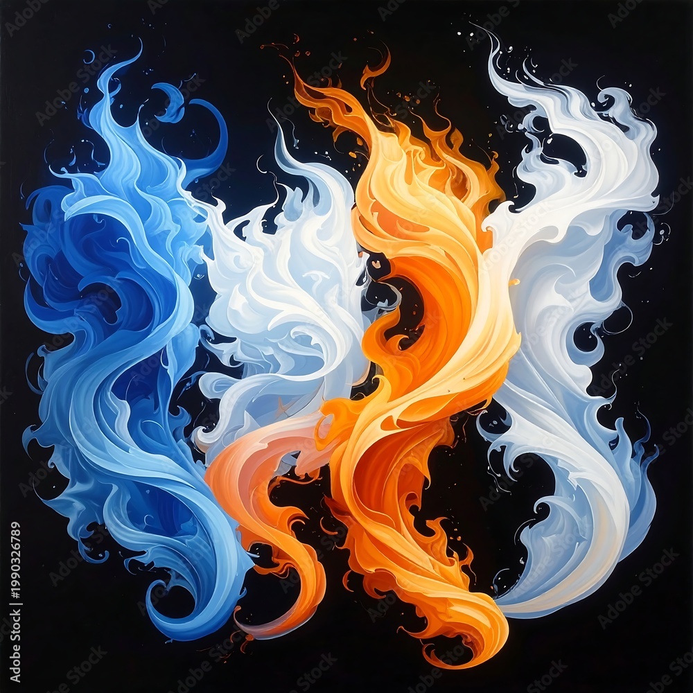 Fototapeta premium Vibrant swirling flames in blue, orange, and white