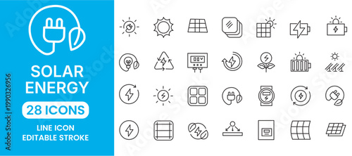 solar energy line icons for renewable green technology and ecology vector