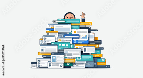 Person peeking over book stack.