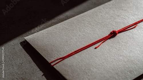 Elegant close-up of a brown envelope tied with a red string. A composition that speaks of a time-honored tradition and simple elegance. The texture of the envelope is palpable.
