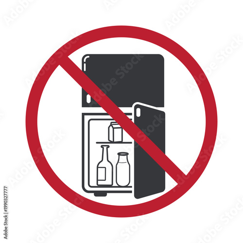 Isolated prohibition sign refrigerator door open indicating do not leave fridge open, preventing energy waste and maintaining food preservation safety