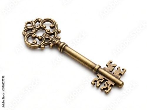 Vintage brass key isolated on pure white background
