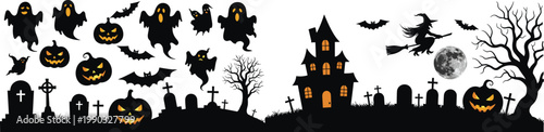 Halloween silhouette collection featuring ghosts, pumpkins, haunted house, cemetery, flying witch, bats, moon, and spooky dead trees isolated on white background,