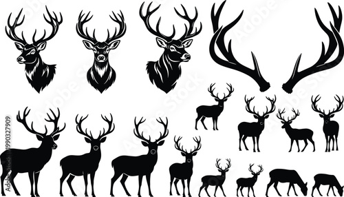 Highly Detailed Deer Silhouette Collection Featuring Majestic Buck Heads, Stately Reindeer Antlers, Wild Elk Profiles, Forest Wildlife Elements, and Elegant Animal Vector Graphics.