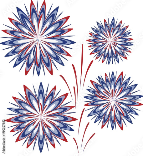 Vibrant red, white, and blue fireworks bursts ignite the sky, celebrating independence day with a festive and patriotic display of light.