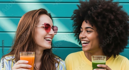 Two joyful women with colorful drinks enjoying a sunny day together