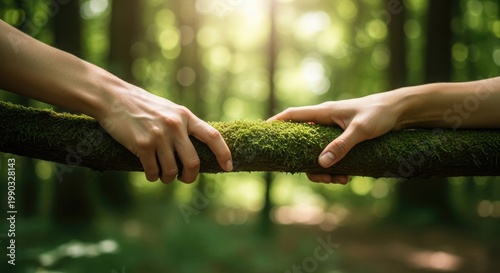 Hands touching mossy log in lush green forest nature's gentle connection