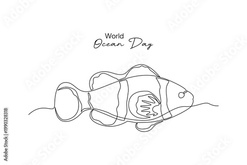 Clownfish Swimming Ocean World Ocean Day. World Ocean day Concept. Single line draw design .Vector Icon graphic illustration