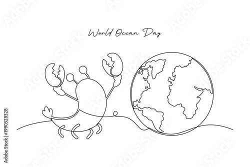 Crab And Planet World Ocean Day. World Ocean day Concept. Single line draw design .Vector Icon graphic illustration