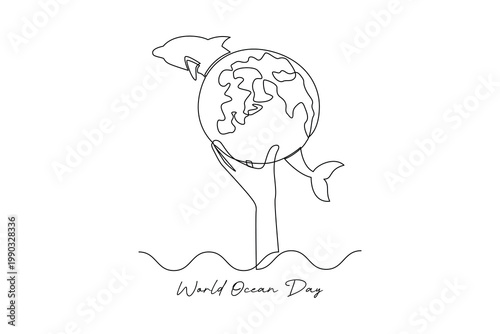 Dolphin Holding Earth World Ocean Day. World Ocean day Concept. Single line draw design .Vector Icon graphic illustration