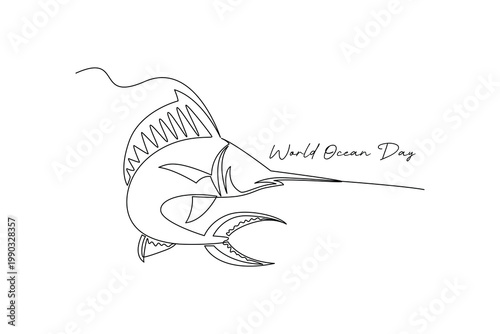 Large Ocean Fish World Ocean Day. World Ocean day Concept. Single line draw design .Vector Icon graphic illustration