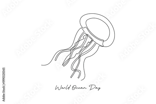 Jellyfish Floating Ocean World Ocean Day. World Ocean day Concept. Single line draw design .Vector Icon graphic illustration