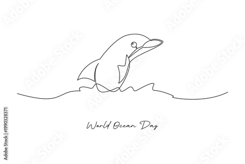 Dolphin Jumping From Ocean World Ocean Day. World Ocean day Concept. Single line draw design .Vector Icon graphic illustration