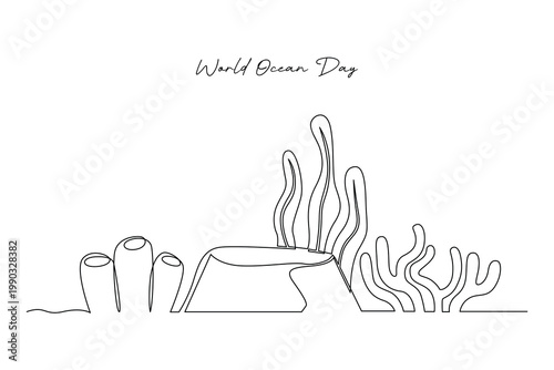 Underwater Coral Landscape World Ocean Day. World Ocean day Concept. Single line draw design .Vector Icon graphic illustration