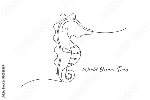 Seahorse Marine Animal World Ocean Day. World Ocean day Concept. Single line draw design .Vector Icon graphic illustration