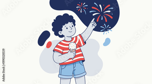 Young Boy Enjoying Ice Cream While Pointing at Colorful Fireworks in Night Sky on 4th of July