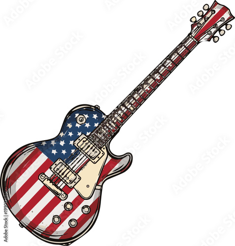 Detailed electric guitar illustration featuring a vibrant american flag pattern painted directly onto the body of the stringed instrument