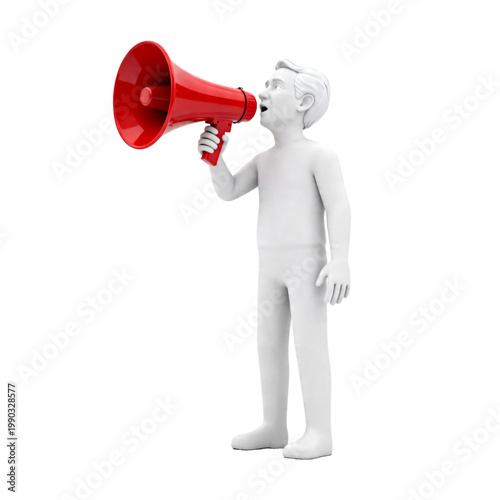 3D white human character making an announcement with a red megaphone isolated on transparent Background. 3D man shouting through a loudspeaker for marketing and business promotion. 