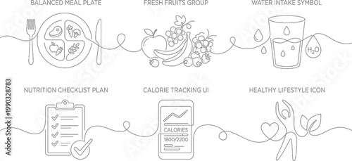 A set of icons representing a healthy lifestyle with balanced meal planning and nutrition tracking AI, eps, png, jpg. transparent background.