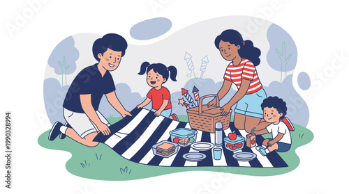 Family Enjoying a Festive Picnic Together on a Sunny Day Surrounded by Lush Greenery and Smiles