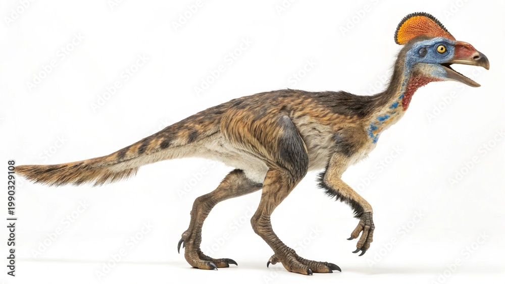 Fototapeta premium Full body studio portrait of a feathered Oviraptor dinosaur with its distinctive crest and beak, isolated on white background.