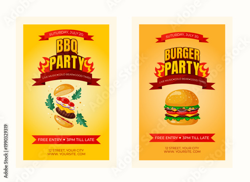 BBQ party posters set.Grill barbecue party invintations.Colourful  banners. Outdoor cooking. Tasty burger with grill patty, cheeze, tomato, salad.  Flat cartoon style.Template for grill party. Vector 