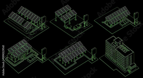 AutoCAD Solar Energy System for Holiday Resorts Blueprint Vector – Tourism Infrastructure Diagram Green Outline on Black Background