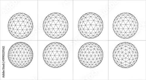 Set of wireframe spheres with triangular grid, 3d geometric shapes