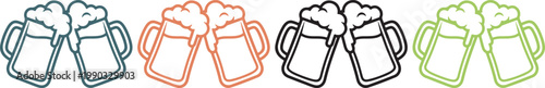 Colorful beer mugs clinking together with foam, handmade vector icon set on transparent background for festive celebration designs