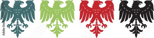 Stylized heraldic eagle emblems in teal, green, red, and black, handmade vector icons on transparent background for decorative and branding use