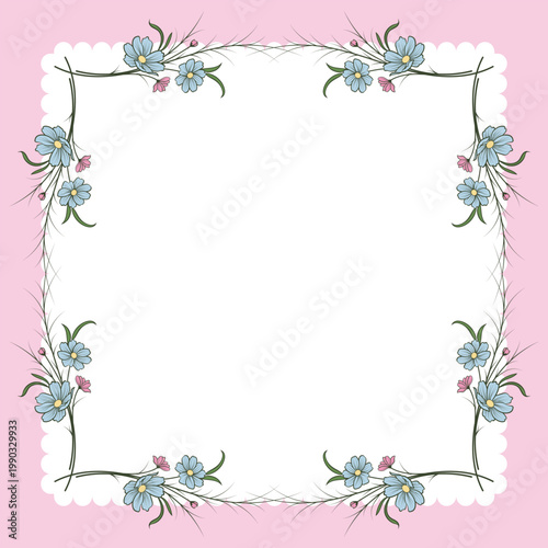 Elegant Pink Floral Border Frame with Blue Daisy Flowers, Vintage Botanical Decorative Template