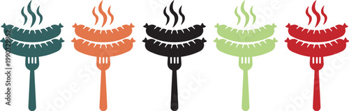 Colorful handmade vector illustration of forks holding hot sausages with steam, food icon set on transparent background for culinary design use