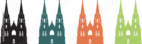Colorful cathedral silhouette icons with twin spires, handmade vector illustration set on transparent background for design and branding use