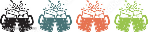 Colorful beer mugs clinking celebration icons, handmade vector illustration with transparent background for festive party design