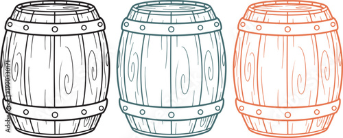 Handmade vector illustration of three wooden barrels with colored outlines, rustic icon design on transparent background for commercial use