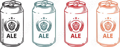 Colorful handmade ale can icons with hop cone and star motif, vector illustration on transparent background for branding and packaging design