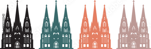 Colorful Gothic cathedral silhouette icons with twin spires, handmade vector illustration on transparent background for design and branding use