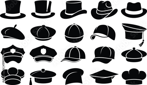 Hat silhouettes collection, various headwear styles including cap fedora cowboy police chef hats, black vector icon set