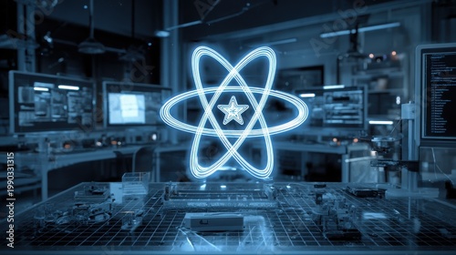 Glowing neon atom symbol with star in futuristic science laboratory, nuclear physics research facility, high-tech laboratory interior with blue lighting