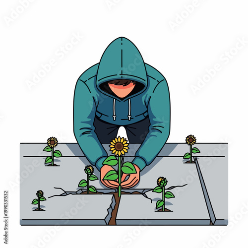 Vector illustration of anonymous person planting sunflowers in concrete